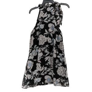 Fashion Union Floral Micro Dress Large 10 Black Side Tie Neck Sleeveless Short‎